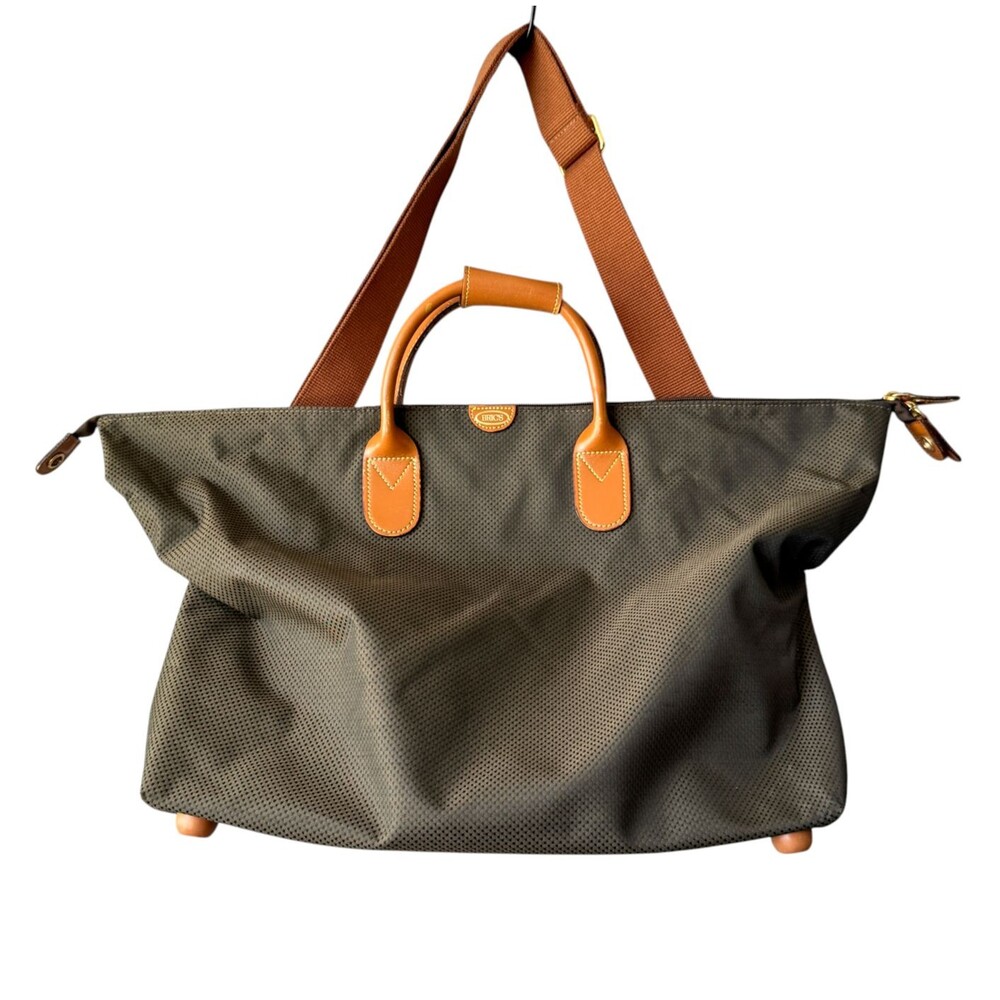 Bric's Italy Olive Green Travel Duffle Bag Nylon Leather Trim Weekender Strap